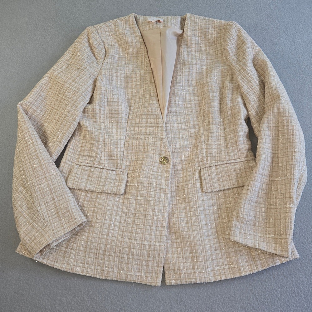 Entro Blazer Women Large Beige Tweed Metallic Collarless Open Front J18991